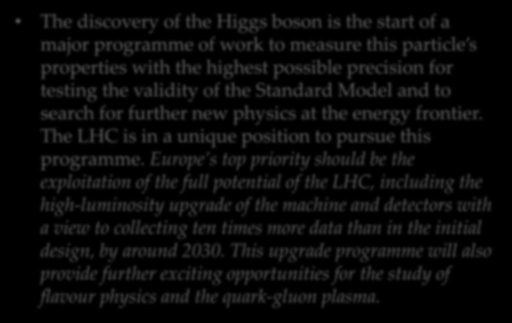 Europe s top priority should be the exploitation of the full potential of the LHC, including the high-luminosity upgrade of the machine and detectors with a view to collecting ten times more