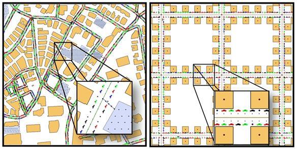 Figure 2. A PARKAGENT view of the area in the center of Tel Aviv (a) and of an abstract rectangular city (b).