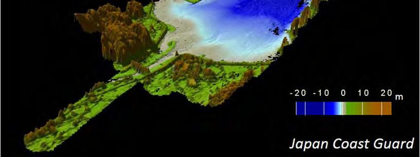 Figure 5: Survey data at Miyako Bay obtained by SHOALS. The technique reproduces seamless topography on land and the seabed, including destroyed breakwaters. 4.