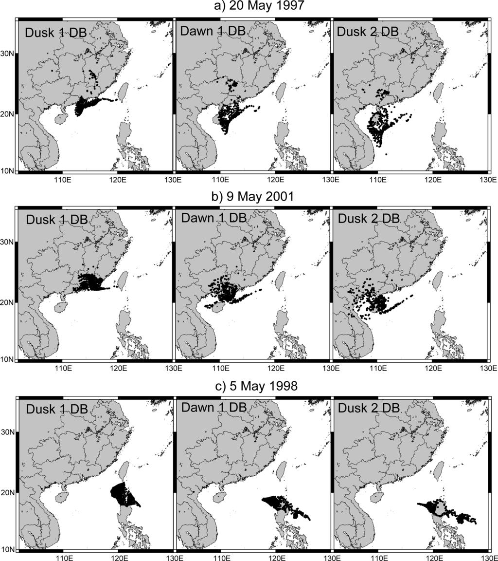 528 S. H. HUANG et al. Fig. 2. Distribution of the terminal points of the backward trajectories which started over Sikou, southwestern Taiwan on a) 20 May 1997, b) 9 May 2001, and c) 5 May 1998.