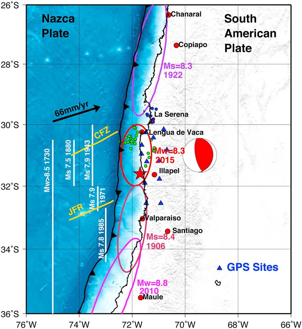 Figure 1. Seismo-tectonic features of the Central Chile subduction zone. The black barbed line shows the trench location that delimits the Nazca and South American Plates, which converge at 66 mm/yr.