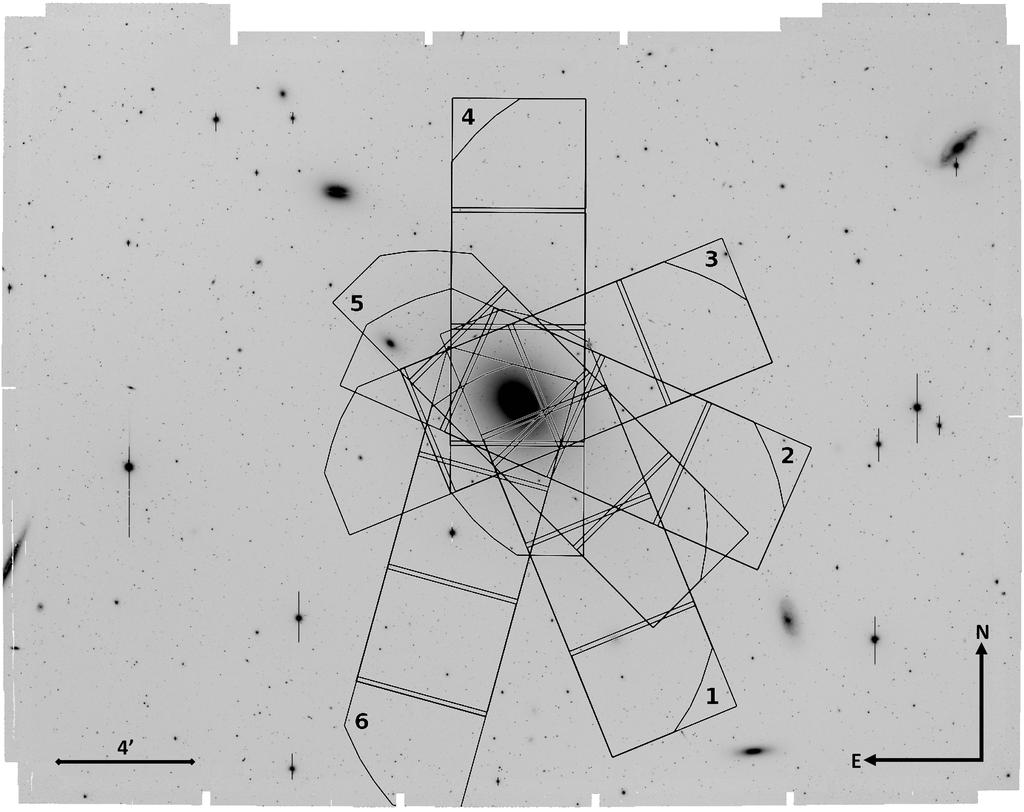 2 Blom et al. Figure 1. The positions of the six DEIMOS slitmasks plotted on the Subaru Suprime-Cam (S-Cam) i0 filter image. The scale is shown in the bottom left corner of the 35 27 arcmin image.