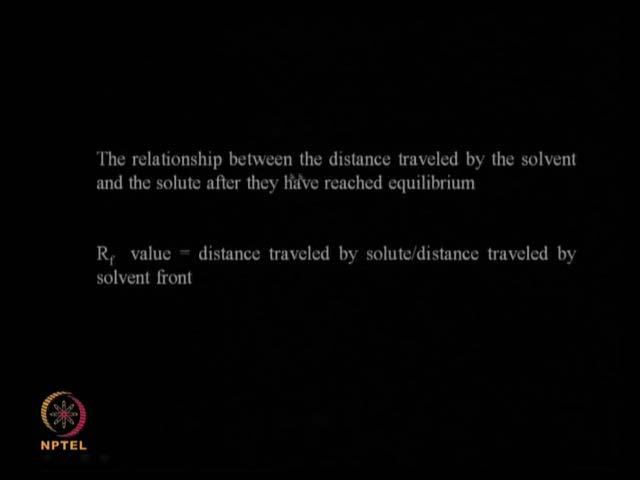 (Refer Slide Time: 36:19) So, the relationship between the distance the solutes travel because of the solvent after the each equilibrium is given something called R f value.