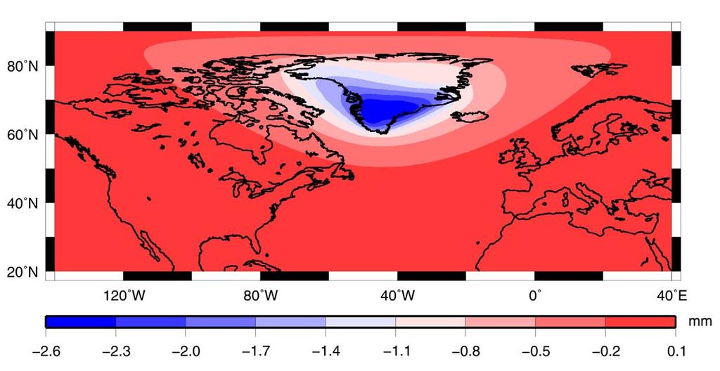 δn due to Greenland ice mass loss GRACE-based ice loss model from Jensen (2) Sea-level equation (Farrell and Clark 1976) solved A compressible earth model is used Rotational feedback