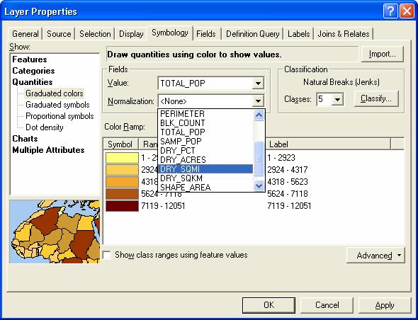 Click on the Quantities Graduated Colors, and then set up the Fields information as shown below and press OK (value: Total_pop; Normalization: Dry_SQMI): To see Tracts more clearly, turn off the