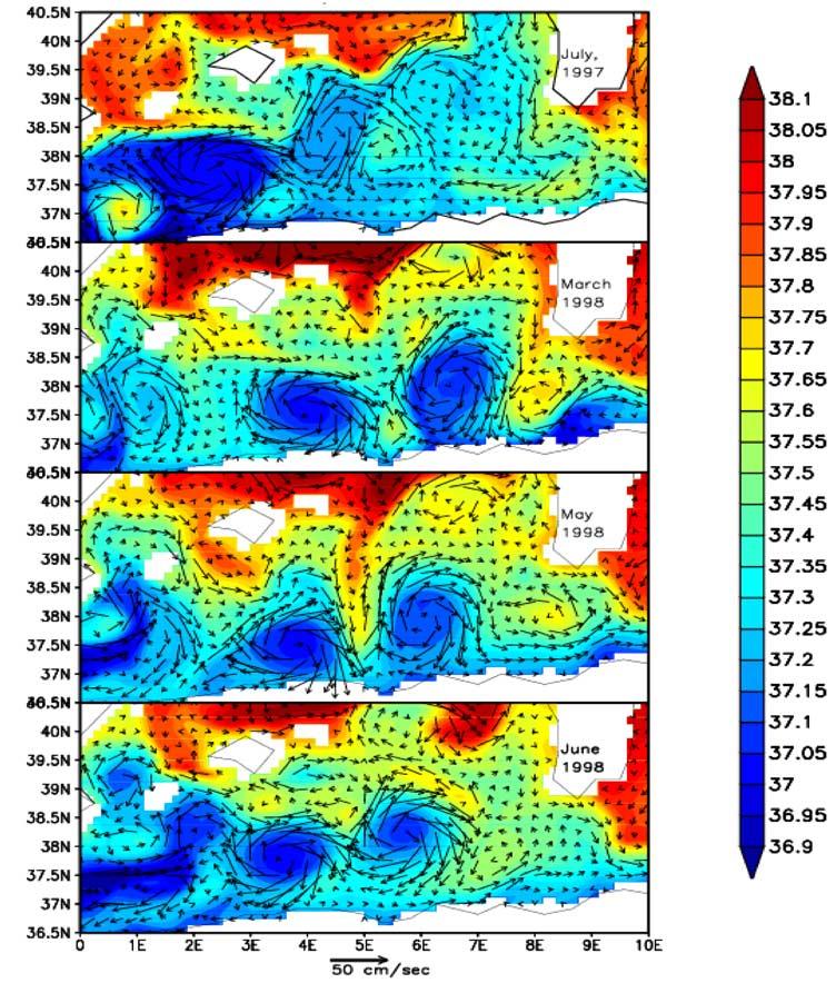 Figure 14. Horizontal distribution of temperature and velocity at 30m in the Algerian Basin in four different periods (a) 27 30 July 1997; (b) 25 27 March 1998; (c) 5 9 May 1998; (d) 22 24 June 1998.