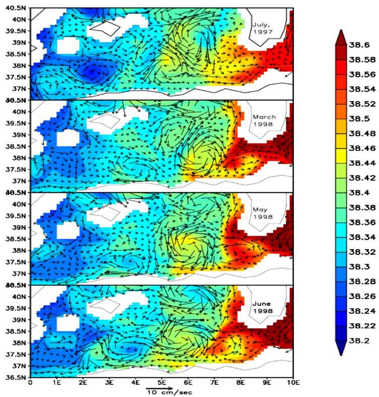 Figure 15. Horizontal distribution of salinity and velocity at 360 m in the Algerian Basin (a) 27 30 July 1997; (b) 25 27 March 1998; (c) 5 9 May 1998; (d) 22 24 June 1998.