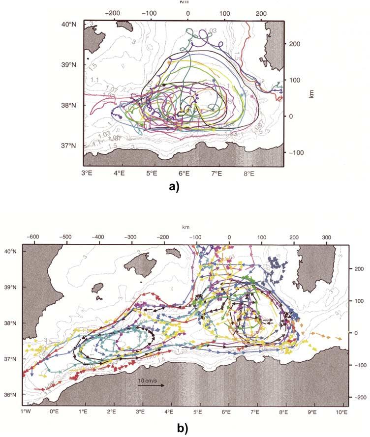 Figure 19. (a) Trajectories of the RAFOS floats at 600 m from 14 July 1997 until 24 June 1998 superimposed on f/h contours. (b) Trajectories of profiling floats drifting at 1200 and 2000.