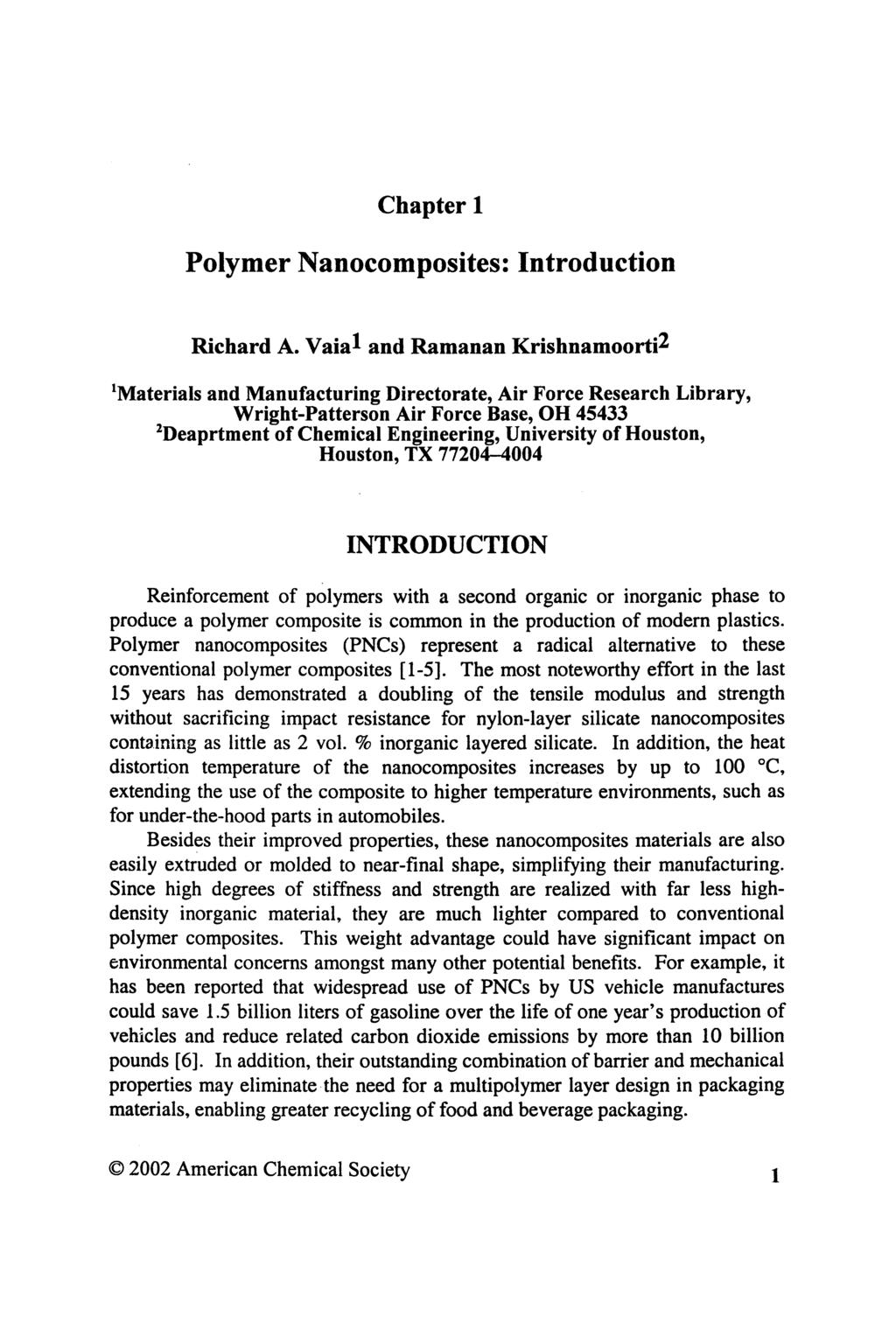 Chapter 1 Polymer Nanocomposites: Introduction Downloaded via 148.251.232.83 on April 5, 2019 at 22:23:00 (UTC). See https://pubs.acs.