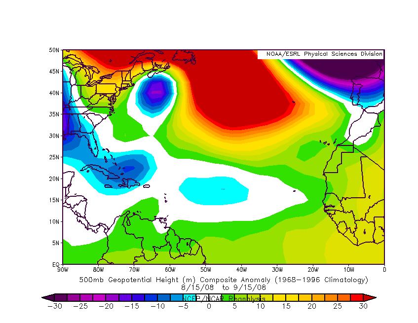 Figure 18: 500 mb height anomalies across the Atlantic from August 15 September 15.