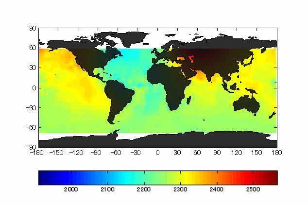Deep water DIC in the World Oceans Source: WOCE data