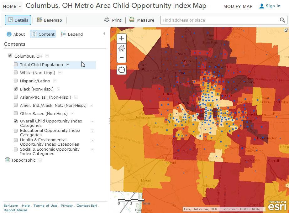 The Overall Child Opportunity Index Categories layer is turned on by default. Click other check boxes to turn layers on and off.