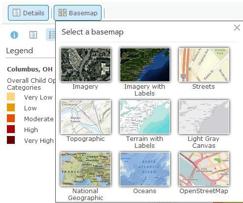 Other ArcGIS Navigation Features Details: Toggles the left panel (containing the Legend) on and off. Information: Toggles metadata about the map.