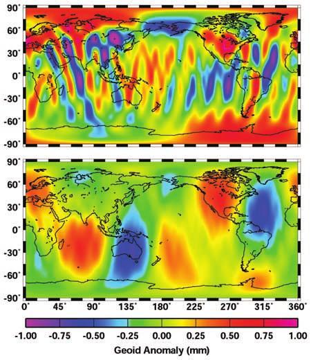 Figure 4. Atmospheric model simulation results. Error due to ECMWF (top) and error after de-aliasing with NCEP model (bottom). Geoid anomaly, Gaussian smoothed with a 500 km radius.