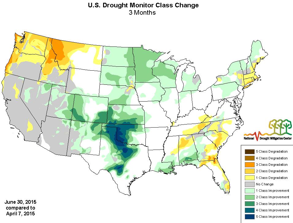 Current Drought Update Commentary: The upper map is the US Drought Monitor Class Change from April 7 to June 30 th.