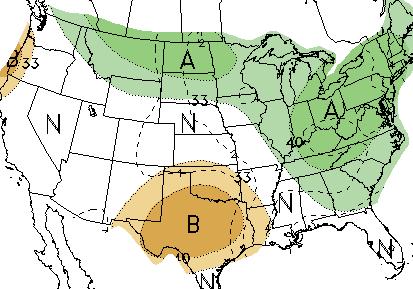 The lower map is the 6-10 precipitation outlook with above normal rainfall forecast along the Canadian border and the eastern third of the US with the most above normals in the Northern Plains and