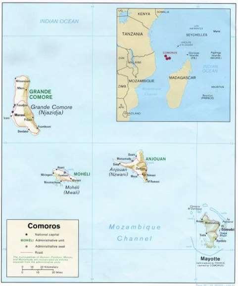 The Comoros Islands are an archipelago of four islands and several islets located in the western Indian Ocean about ten to twelve degrees south of the Equator and less