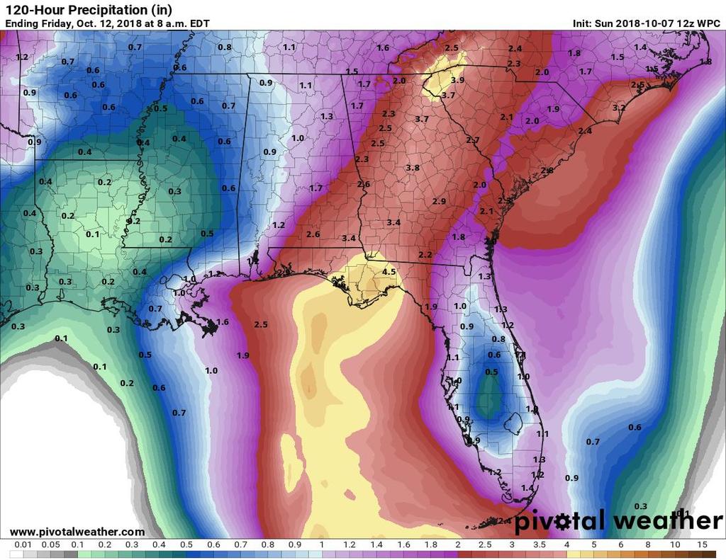 Forecast Cumulative Rain Totals Next 5 Days Actual rain totals will be dependent on the strength and track of Michael and this graphic does not account
