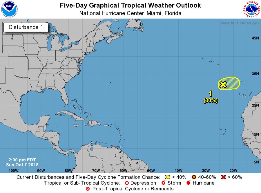 Leslie will move slowly southwestward over the next few days, but it will accelerate northeast again later this week. Leslie may strengthen to a hurricane when it 1.