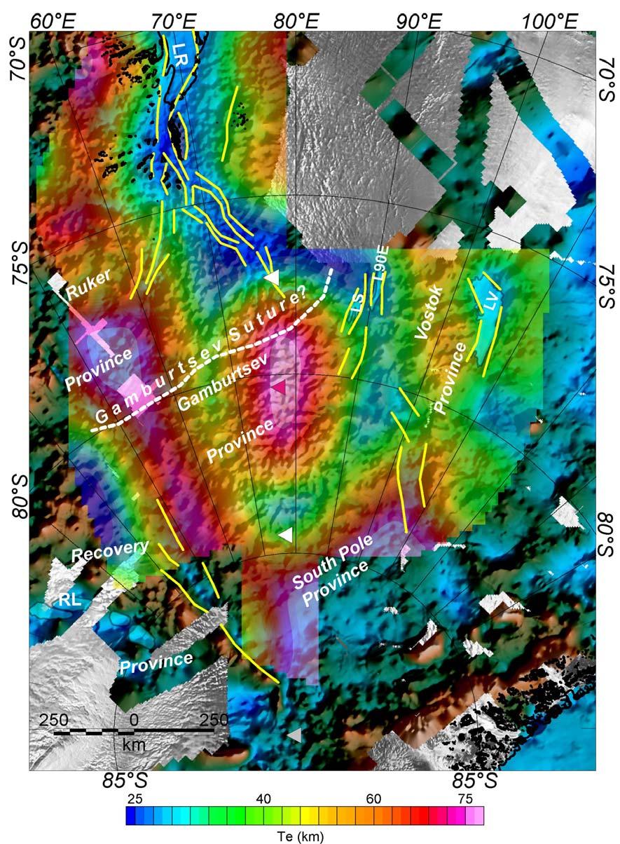 Supplementary Figure 10. Result of 3D inversion of Effective Elastic Thickness (Te) for the Gamburtsev Subglacial Mountains and adjacent East Antarctic Rift System.