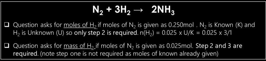 number of moles of NH 3 produced will always be 2 x the number of moles of N 2 and 2/3 x the number of H 2 Known and unknown values and mole ratios In a question that requires you to calculate either