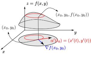 the tangent plane The partial derivatives determine the slope of the plane In each point x, the gradient vector is orthogonal to