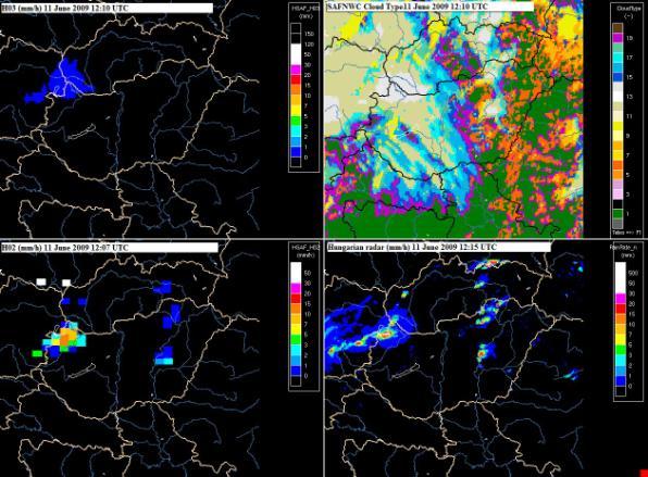 The panel above the radar is also showing the radar data, but it is up-scaled to the resolution of the satellite image which can be found in the upper left panel of each images.