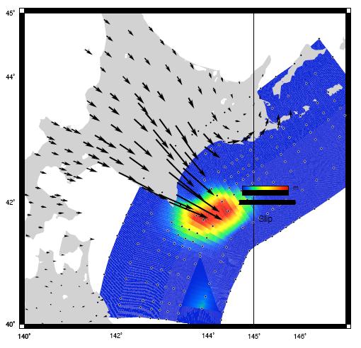 Tokachi-Oki Earthquake Fault Model Coseismic inversion using DEFNODE with 922 GPS stations from GEONET streaming at 1- Hz and 90 slip vector azimuths