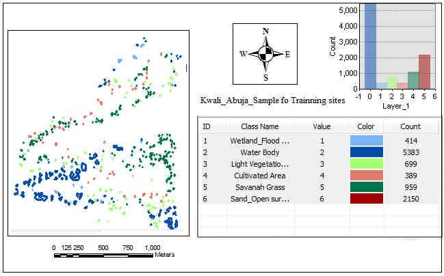 Figure 4. Training sites, samples cells and histogram of training ready for the Supervised Classification 4.