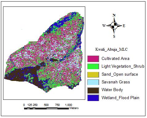 The Figure 5 identified the land-use and land-cover type namely; cultivated area (35.2%), light vegetation shrubs (32.4%), sand open surface (16.5%), savannah grass (14.2%), water body (12.
