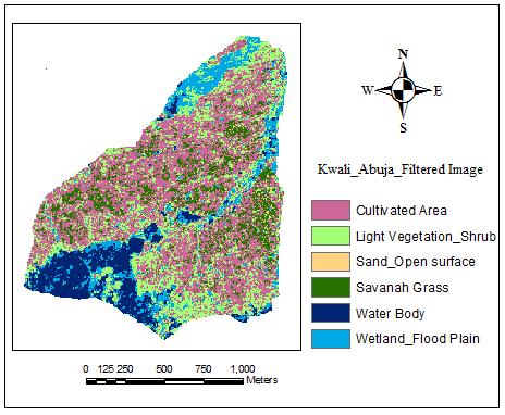 shrubs (32.4%), sand open surface (16.5%), savannah grass (14.2%), water body (12.0%) and wetland flood plain (9.1%), and that cultivated areas shows higher sign of dominance. Figure 6.