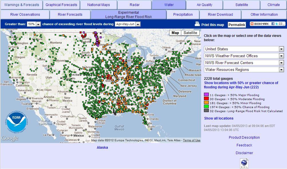 Experimental Long-Range River Flood Risk Map This interactive web page shows the long-range (3-month) risk of minor, moderate and major river flooding at locations where probabilistic forecasts are
