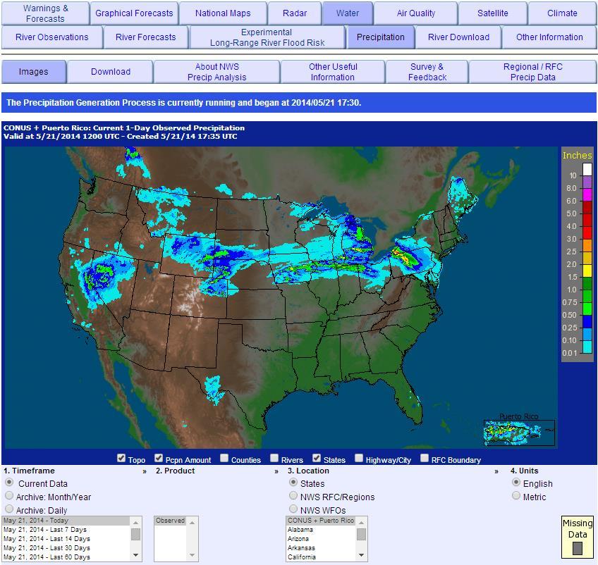 Precipitation This web page shows the digital precipitation estimates used in National Weather Service river forecast models. Allows download of digital data in shapefile or netcdf format.