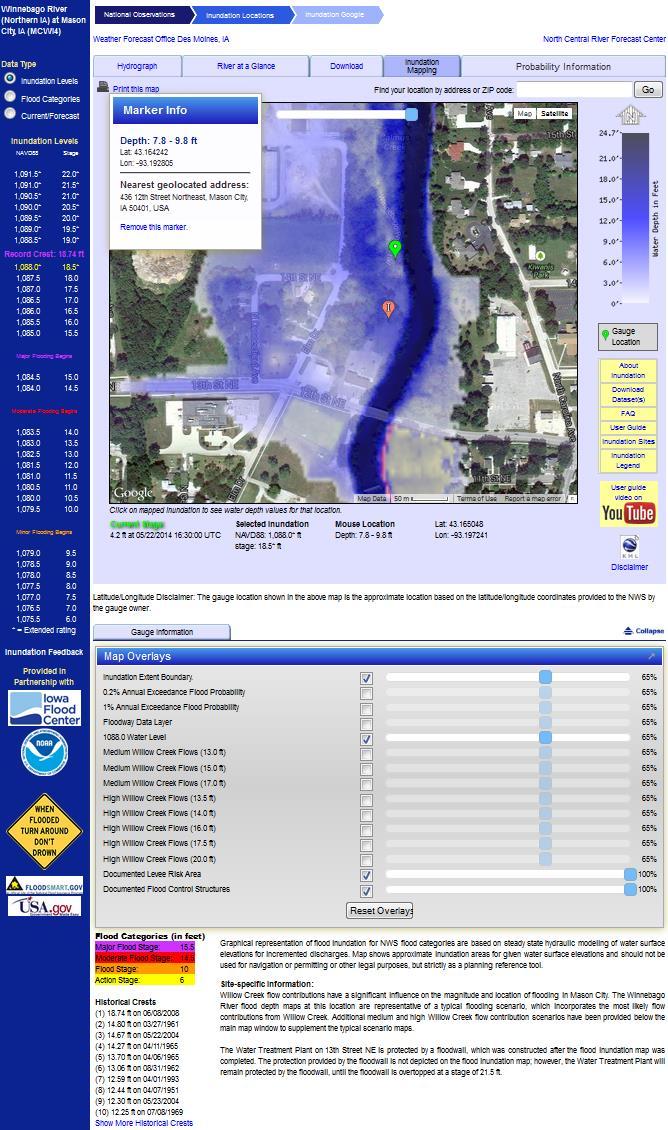 Set display: inundation levels, flood categories, or current forecast. Select background: Google highresolution aerial or satellite images.