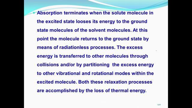 (Refer Slide Time: 21:16) So, when the solute molecule in the excited state loses it is energy, that is a solute molecule takes up the absorption and goes to higher energy state, but there is no