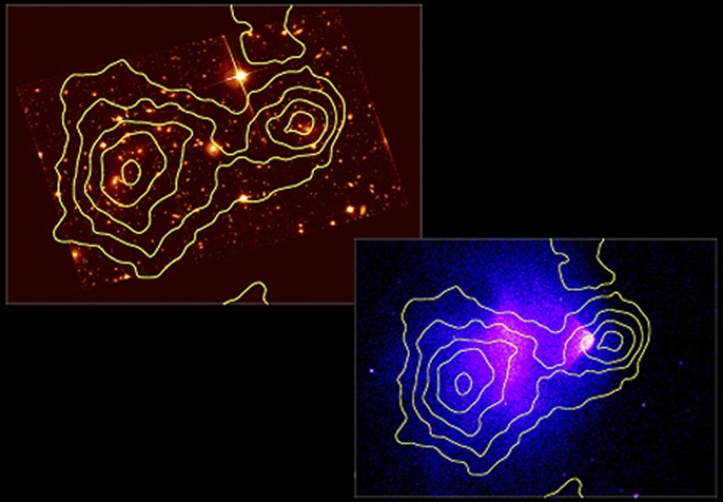 Abell 502 : Dark matter stays with the galaxies The weak lensing reconstructed mass distribution (contours) shows that the dark matter `stays