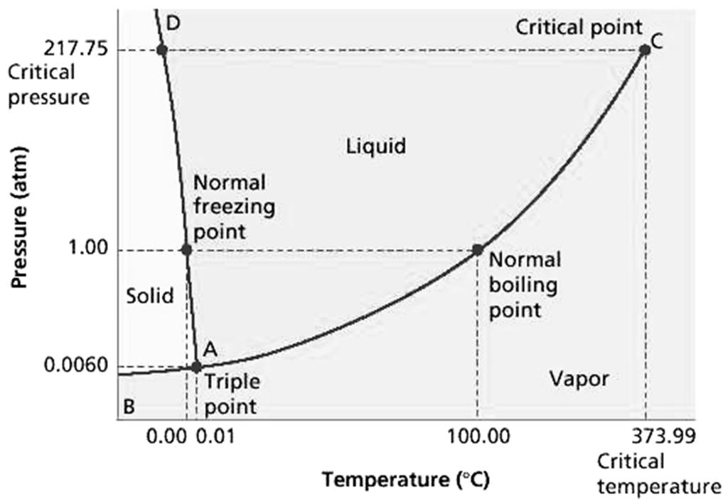 PHASE DIAGRAMS. Use the phase diagram for water below to answer the following questions. 12. What is the state of water at 2 atm and 50 C? 13.