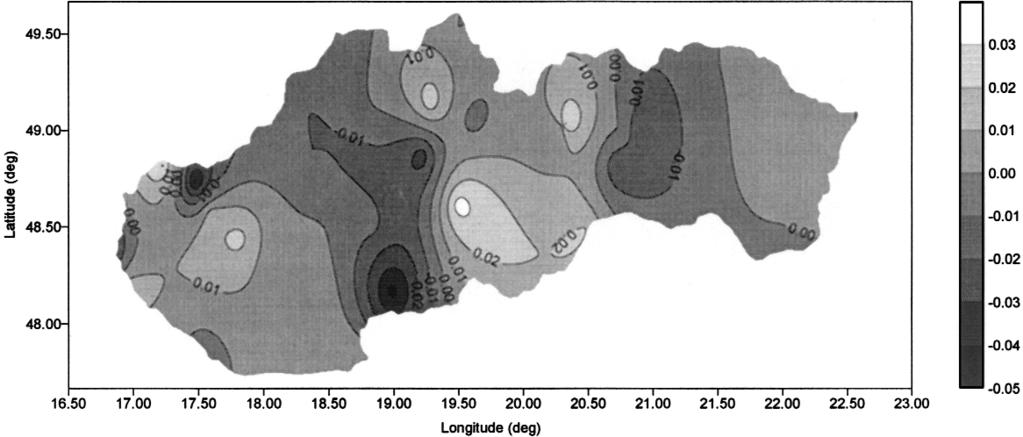 New Gravimetric Quasigeoid of Slovakia Fig. 4 - Residuals after polynomial fitting. Contour interval 0.01 m. transformed to the ETRF89 by a linear transformation model.