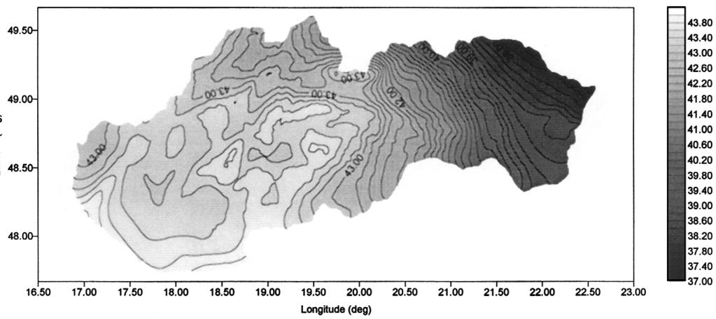 MOJZEŠ and JANAK Fig. 5 - Gravimetric model of Slovak quasigeoid - GMSQ98BF. Contour interval 0.2m. frequency type receivers only. The length of the observation session was 36 hours.