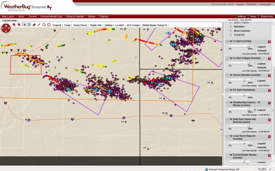 Storm Track Storm Cell and Vector Lightning Stroke Data Dangerous Thunderstorm Alert Zoomed in on severe storm activity in the U.S. plains ~ 8:00pm MDT, June 6, 2010.