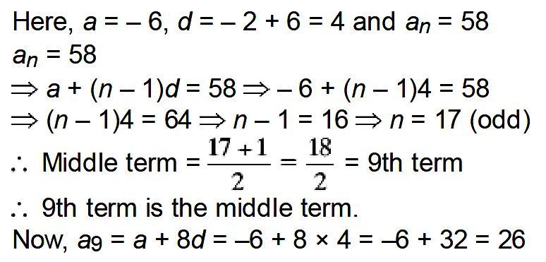 Find the value of the middle term of the following AP: 6, 2, 2,..., 58. SECTION C Questions 13 