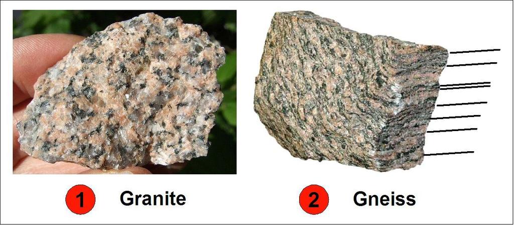 Types of Metamorphic Rock A. Foliated Metamorphic Rocks have visible crystal layers or elongated (flattened) mineral crystals i. Lines may be straight or wavy ii.