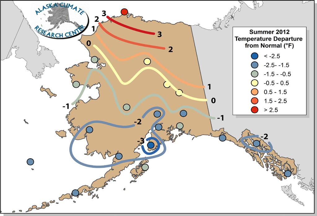 Summer Weather Summary 5 Figure 6. Summer 2012 Isotherm map of the deviation in temperature ( F) from the 30-year normal (1981-2010) based on all first order meteorological stations in Alaska.