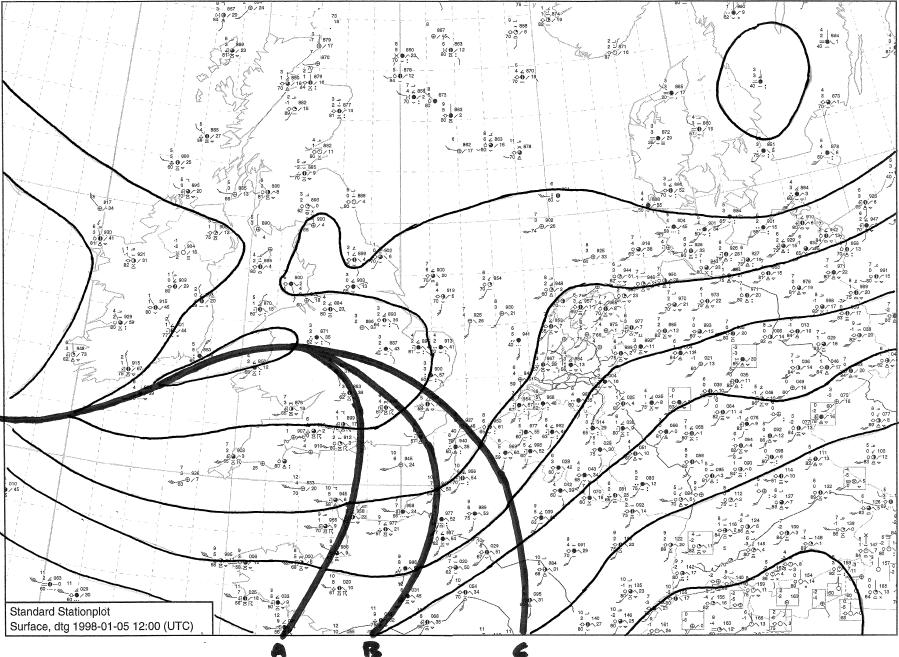 Figure 9.5 Weather map with three possible cold front locations.