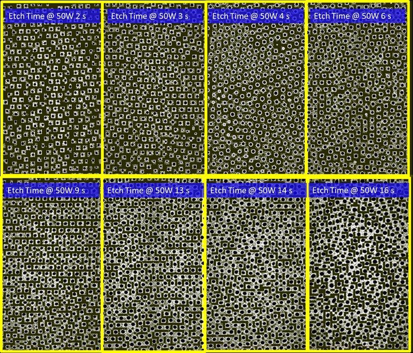 Figure 2.8 Trim etch effects on wet-etched perpendicular cylindrical PS-PMMA46.1k-21k BCP thin film during O2 RIE, with etching time denoted on top of each image.