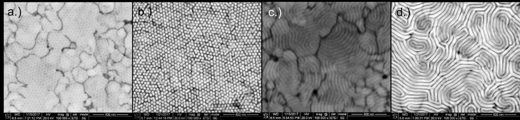 All images are taken after 60s O2 plasma treatment. Figure 2.13 Contrast enhancement in block copolymer thin film via SIS. Cylinder-forming PS-b- PMMA46.1k-21k film on gold wafer a.) before SIS and b.