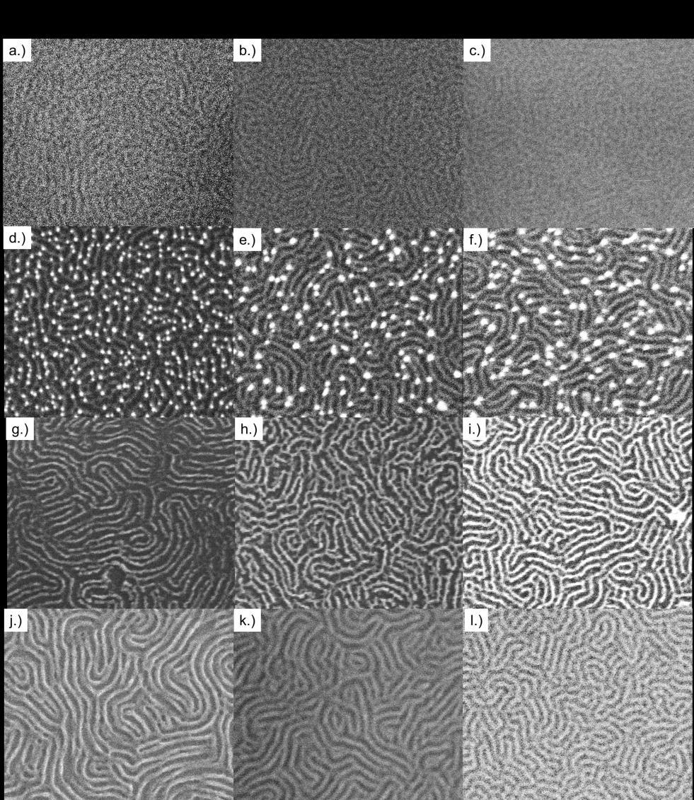 Figure 2.16 SEM images of metal ion infiltration study on BCP templates with different ionic loading. P2VP-b-PS-b-P2VP12k-23k-12k without metal infiltration after a.) MeI-4 hr; b.) MeI-24 hr; c.