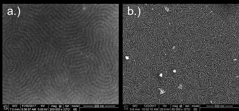 Figure 2.20 SEM images of BCP self-assembly on glassy carbon substrates. a.) pristine P2VP-b- PS-b-P2VP 12k-23k-12k BCP thin film on glassy carbon; b.