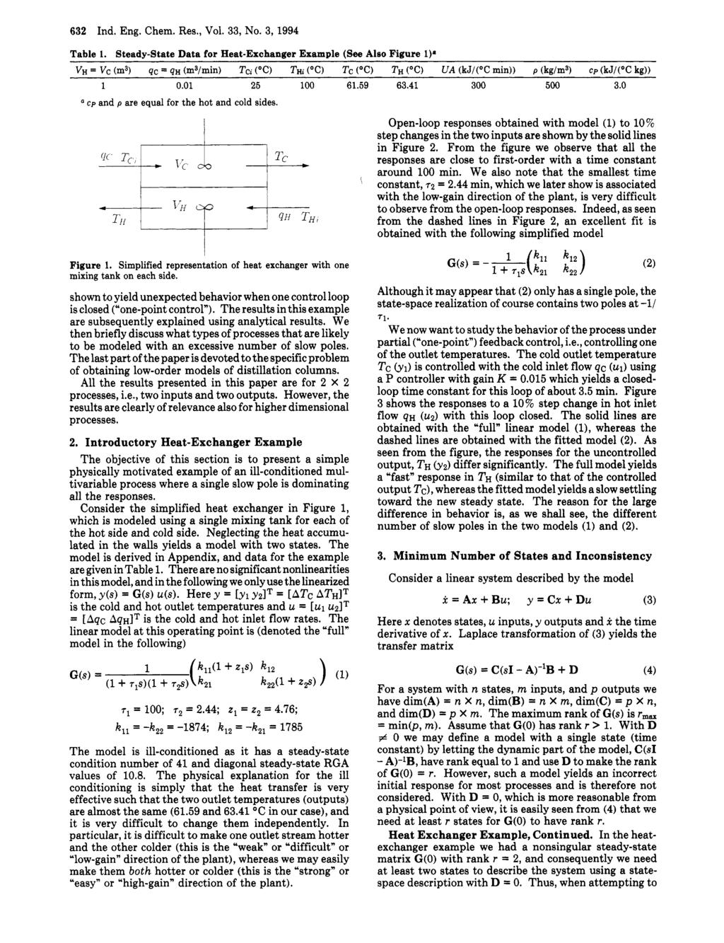 632 Ind. Eng. Chem. Res., Vol. 33, No. 3, 1994 Table 1. Steady-State Data for Heat-Exchanger Example (See Also Figure 1). 1 0.01 25 100 61.59 cp and p are equal for the hot and cold sides. I Figure 1.