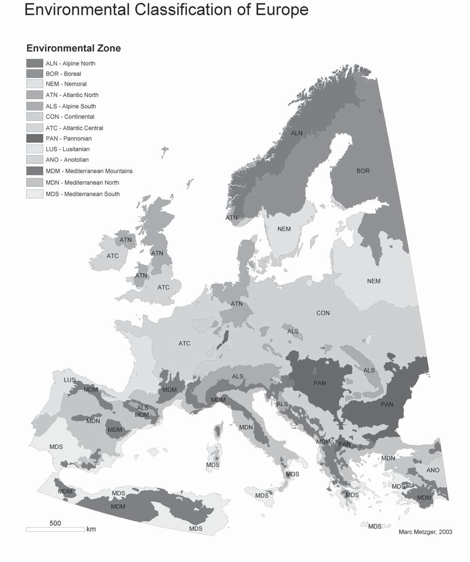 Figure 1. The Environmental Classification of Europe aggregated to 13 Environmental Zones. The borders of the underlying eighty-four classes are mapped.